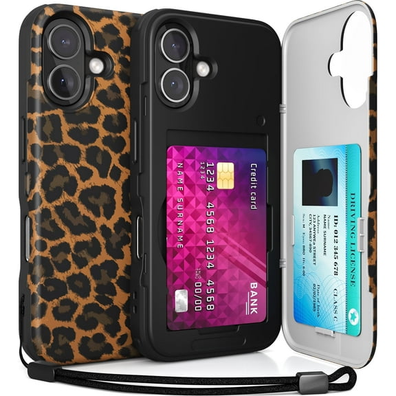 TORU CX SLIM for iPhone 16 Case Wallet | Protective Shockproof Heavy Duty Cover with Hidden Card Holder & Card Slot | Mirror & Wrist Strap Included - Leopard