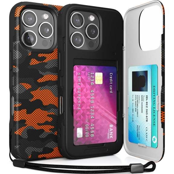 TORU CX SLIM for iPhone 16 Pro Case Wallet | Protective Shockproof Heavy Duty Cover with Hidden Card Holder & Card Slot | Mirror & Wrist Strap Included - Camouflage