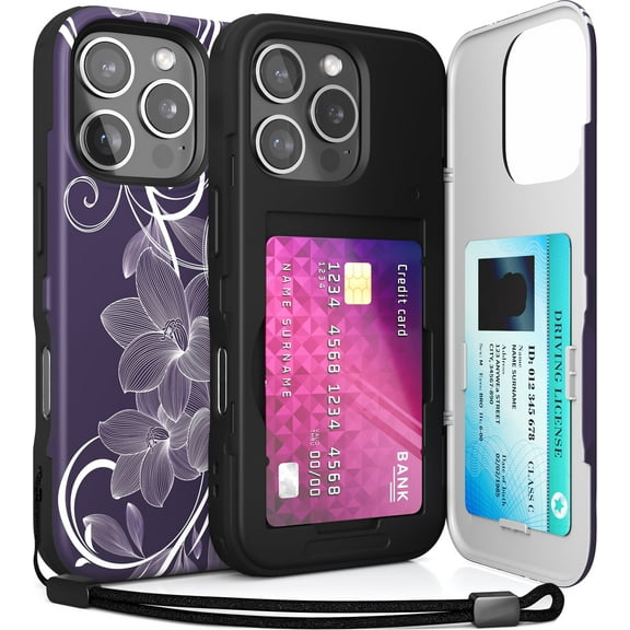 TORU CX SLIM for iPhone 16 Pro Case Wallet | Protective Shockproof Heavy Duty Cover with Hidden Card Holder & Card Slot | Mirror & Wrist Strap Included - Flowers