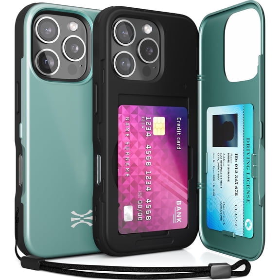 TORU CX SLIM for iPhone 16 Pro Case Wallet | Protective Shockproof Heavy Duty Cover with Hidden Card Holder & Card Slot | Mirror & Wrist Strap Included - Green