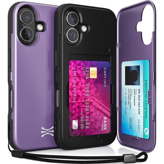 TORU CX SLIM for iPhone 17 Case | Slim Wallet Case with Hidden 2-Card Holder & Card Slot | Shockproof Heavy Duty Cover with Flip Kickstand | Mirror & Strap Included - Purple