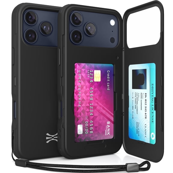 TORU CX SLIM for iPhone 17 Pro Max Case | Slim Wallet Case with Hidden 2-Card Holder & Card Slot | Shockproof Heavy Duty Cover with Flip Kickstand | Mirror & Strap Included - Black