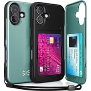 TORU CX SLIM for iPhone 17 Case | Slim Wallet Case with Hidden 2-Card Holder & Card Slot | Shockproof Heavy Duty Cover with Flip Kickstand | Mirror & Strap Included - Green