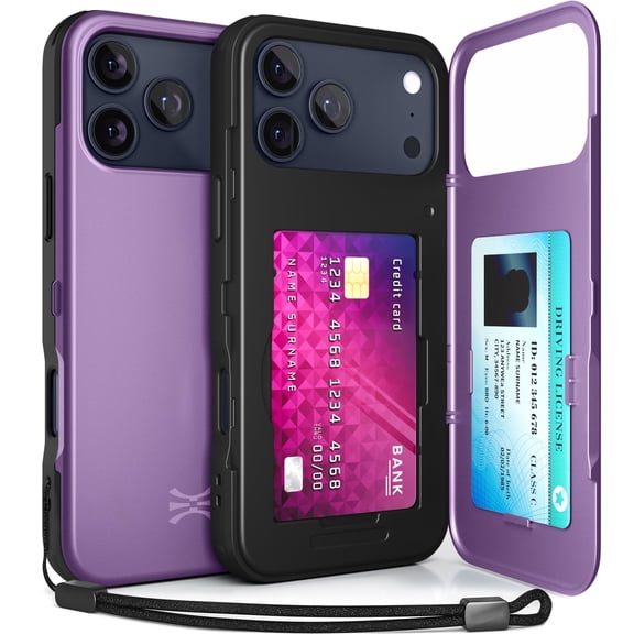 TORU CX SLIM for iPhone 17 Pro Max Case | Slim Wallet Case with Hidden 2-Card Holder & Card Slot | Shockproof Heavy Duty Cover with Flip Kickstand | Mirror & Strap Included - Purple