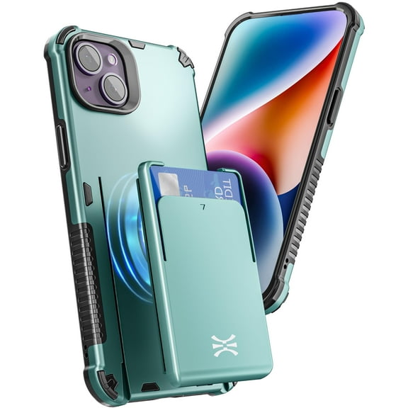 TORU MX PRO for iPhone 14 Plus Slim Hard Wallet Case | Dual Layer Protective Shockproof Cover with Built-in Magnets for MagSafe Compatible | Detachable Sliding Card Holder for 3 Cards - Green
