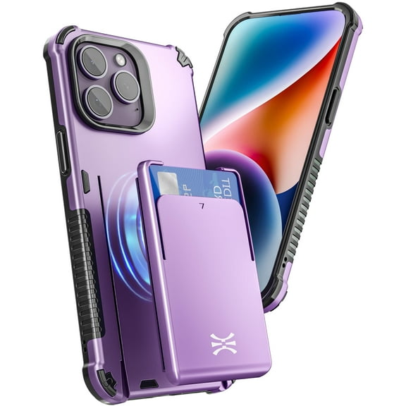 TORU MX PRO for iPhone 14 Pro Max Slim Hard Wallet Case | Dual Layer Protective Shockproof Cover with Built-in Magnets for MagSafe Compatible | Detachable Sliding Card Holder for 3 Cards - Purple