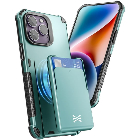 TORU MX PRO for iPhone 14 Pro Max Slim Hard Wallet Case | Dual Layer Protective Shockproof Cover with Built-in Magnets for MagSafe Compatible | Detachable Sliding Card Holder for 3 Cards - Green