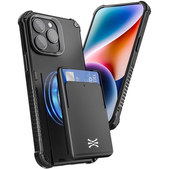 TORU MX PRO for iPhone 14 Pro Max Slim Hard Wallet Case | Dual Layer Protective Shockproof Cover with Built-in Magnets for MagSafe Compatible | Detachable Sliding Card Holder for 3 Cards - Black