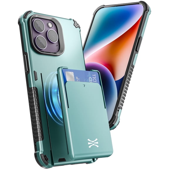 TORU MX PRO for iPhone 14 Pro Slim Hard Wallet Case | Dual Layer Protective Shockproof Cover with Built-in Magnets for MagSafe Compatible | Detachable Sliding Card Holder for 3 Cards - Green