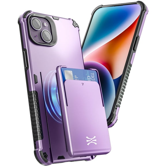 TORU MX PRO for iPhone 14 Slim Hard Wallet Case | Dual Layer Protective Shockproof Cover with Built-in Magnets for MagSafe Compatible | Detachable Sliding Card Holder for 3 Cards - Purple