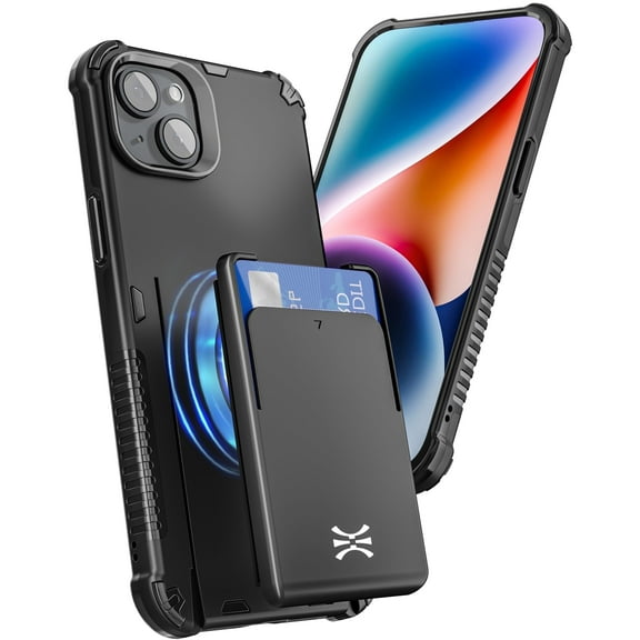 TORU MX PRO for iPhone 14 Slim Hard Wallet Case | Dual Layer Protective Shockproof Cover with Built-in Magnets for MagSafe Compatible | Detachable Sliding Card Holder for 3 Cards - Black