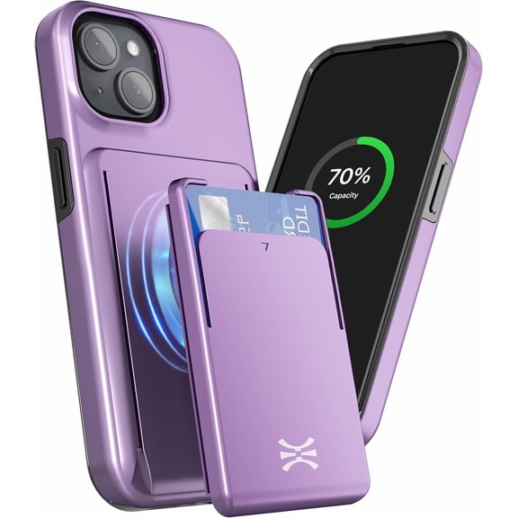 TORU MX PRO for iPhone 15 Slim Hard Wallet Case | Dual Layer Protective Shockproof Cover with Built-in Magnets for MagSafe Compatible | Detachable Sliding Card Holder for 3 Cards - Purple