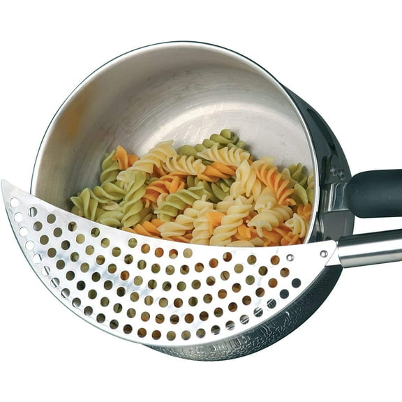 GIXUSIL 14.37*2.6*0.63Inch Crescent Pot Strainer Stainless Steel Grease Pasta Strainer Insert Drainer with Handheld for Different Pot Pan Kitchen Tool -Silver