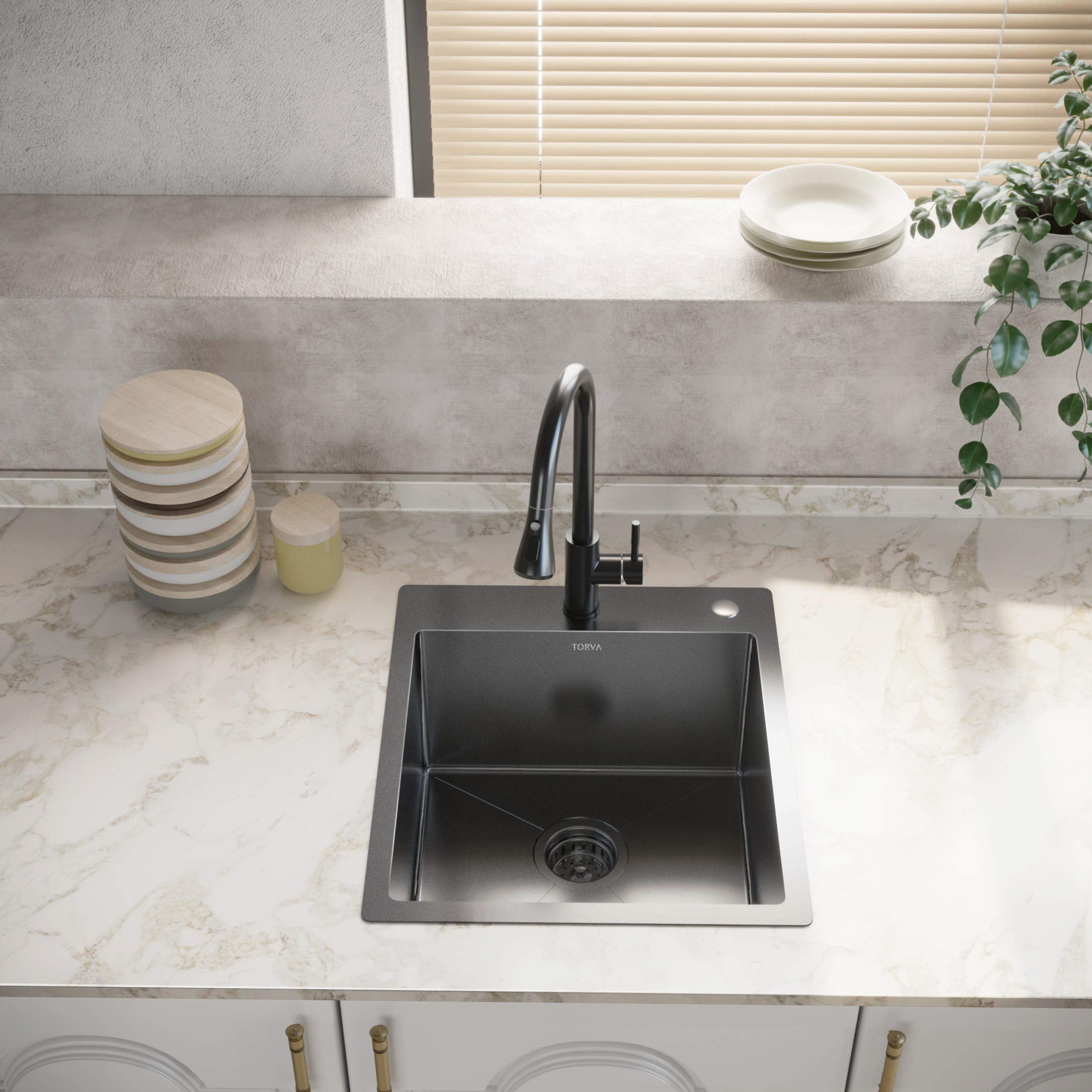 TORVA 18 x 18 Inch Gloss Black Drop-in Topmount Kitchen Sink - 16 Gauge ...