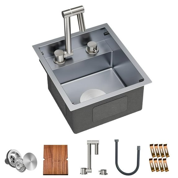 TORVA RV Kitchen Sink, 13 x 15 x 7 Inch Undermount Bar Sink 16 Gauge Stainless Steel Single Bowl Sink with Foldable Faucet Cutting Board, Grey