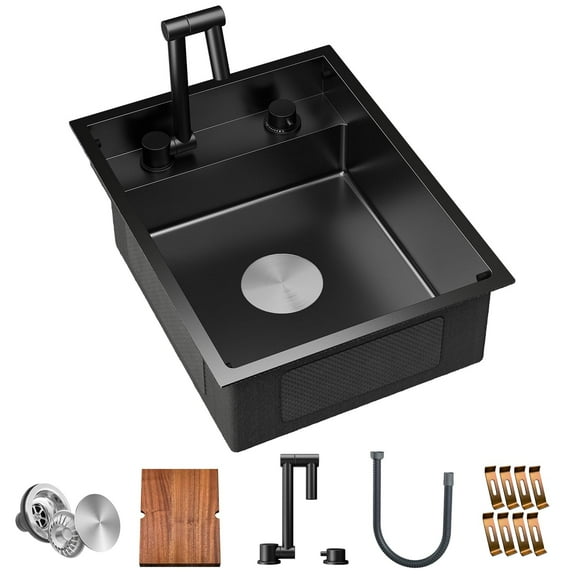 TORVA RV Kitchen Sink, 16 x 21 x 7 Inch Undermount Bar Sink 16 Gauge Stainless Steel Single Bowl Sink with Foldable Faucet Cutting Board, Dark Grey