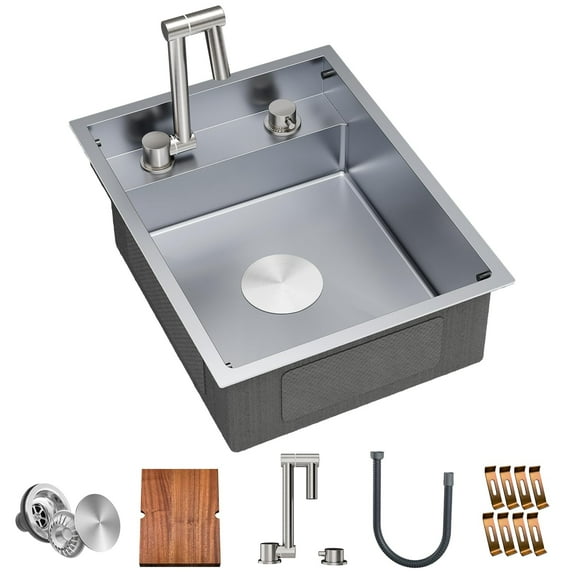 TORVA RV Kitchen Sink, 16 x 21 x 7 Inch Undermount Bar Sink 16 Gauge Stainless Steel Single Bowl Sink with Foldable Faucet Cutting Board, Grey