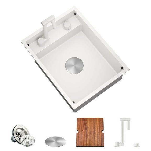 TORVA RV Kitchen Sink, 16 x 21 x 7 Inch Undermount Bar Sink 16 Gauge Stainless Steel Single Bowl Sink with Foldable Faucet Cutting Board, White