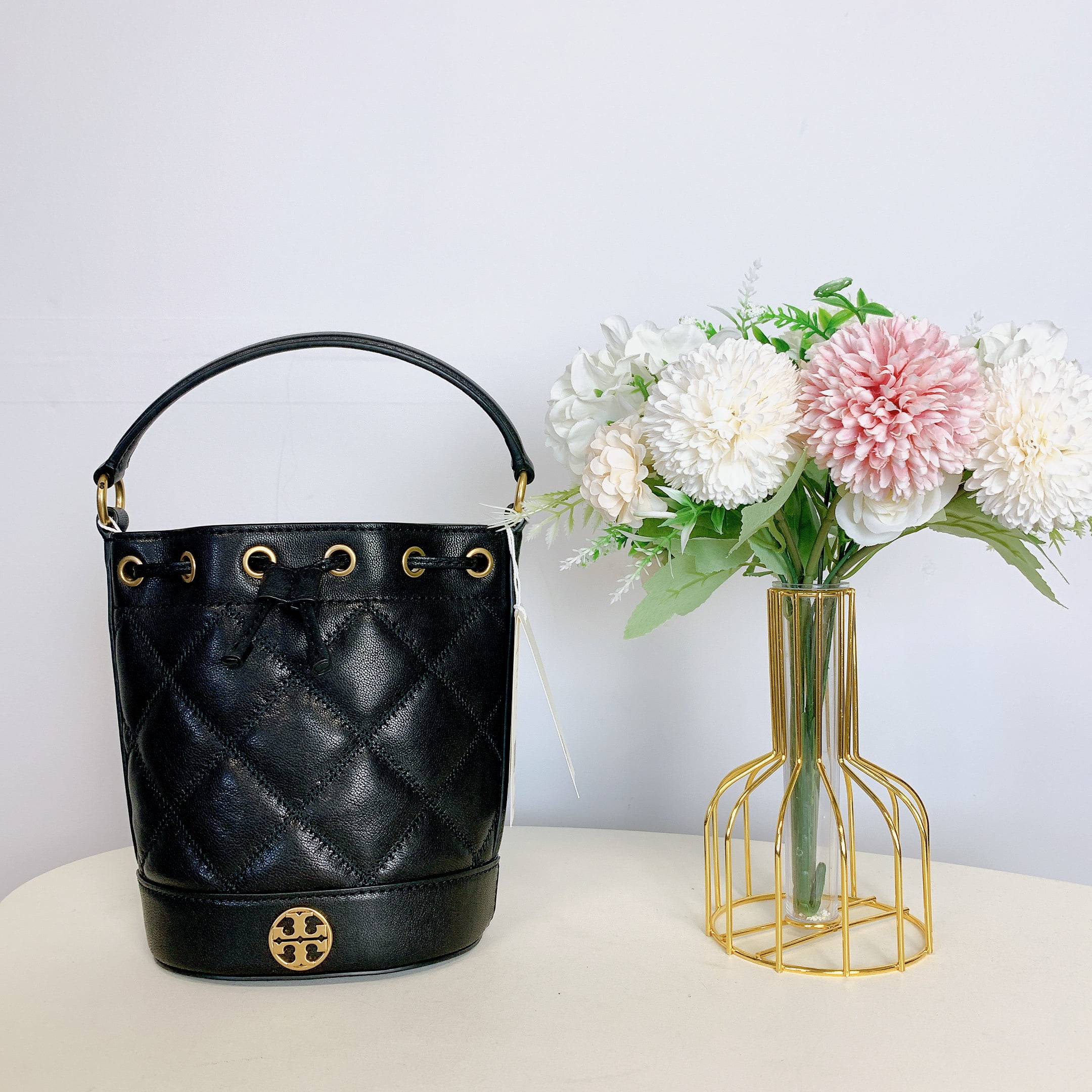 Tory Burch Women's Leather Quilted Drawstring Bucket Bag Tory Burch Women's Leather Quilted Drawstring Bucket Bag