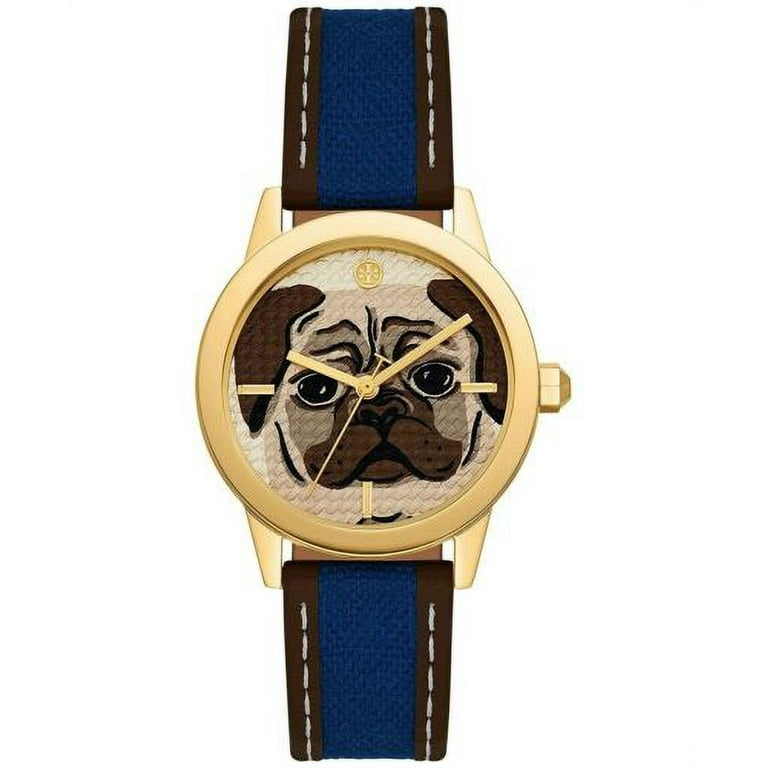 特価!Tory BUrch Gigi Pug Blue Fabric & Brown Leather Strap TORY BURCH GIGI PUG WOMEN'S BROWN LEATHER BLUE FABRIC GOLD