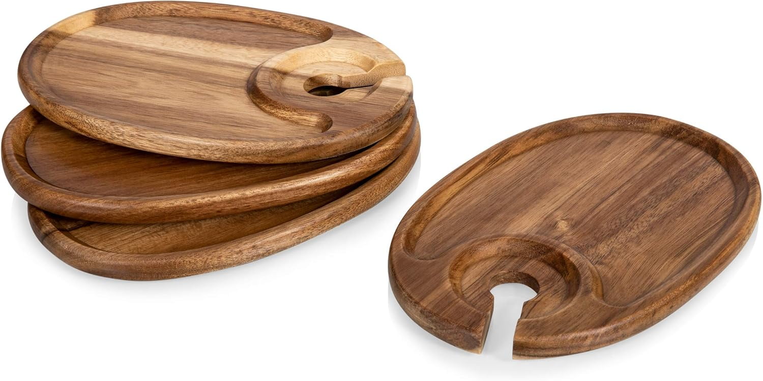 Acacia Wood Wine Appetizer Plates with Glass Holder, Set of 4