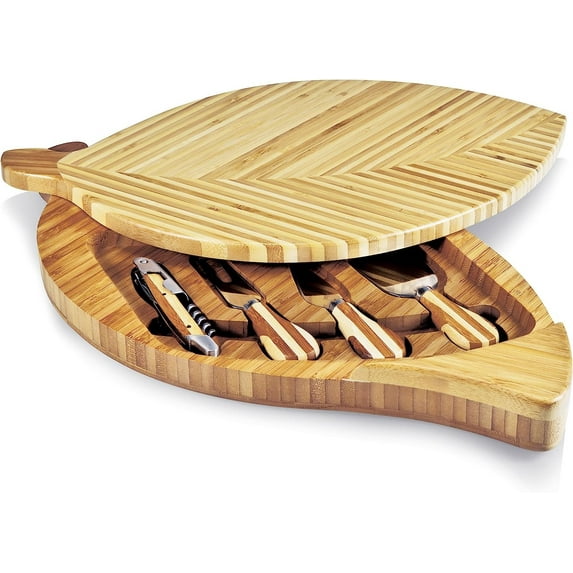 TOSCANA - a brand Leaf Cheese Board & Knife Set, Charcuterie Board Set, Wood Cutting Board with Cheese Knives, (Bamboo),Brown