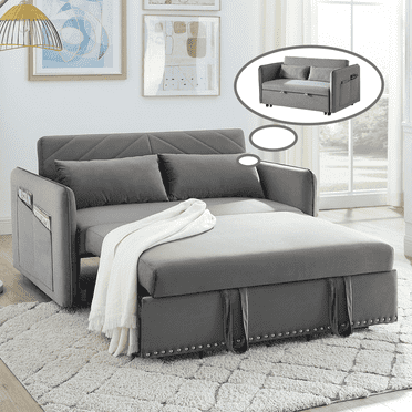 TOSEE 55" Velvet Loveseat Sofa Bed - Adjustable Back & Pull-Out Sleeper , Nailhead Trim and Storage Pockets,Living Room, Grey