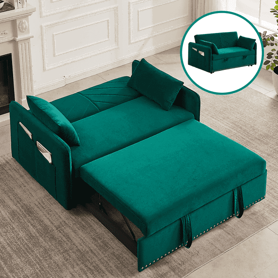 TOSEE 55" Velvet Loveseat Sofa Bed - Adjustable Back & Pull-Out Sleeper , Nailhead Trim and Storage Pockets, Green