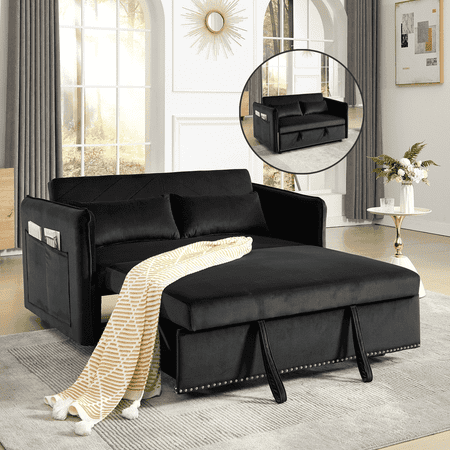 TOSEE 55" Velvet Loveseat Sofa Bed - Adjustable Back & Pull-Out Sleeper , Nailhead Trim and Storage Pockets, Black