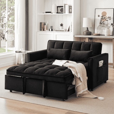 TOSEE 55" Velvet Pull-Out Sofa Bed Convertible Sleeper Loveseat with Storage Pocket, Foldable Futon for Small Space, Black