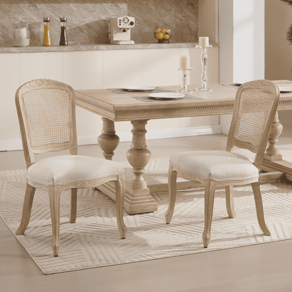 TOSEE French Country Dining Chairs Set of 2, Rattan Back Upholstered Farmhouse Kitchen Chairs for Dining Room, Beige Linen & Wood Legs