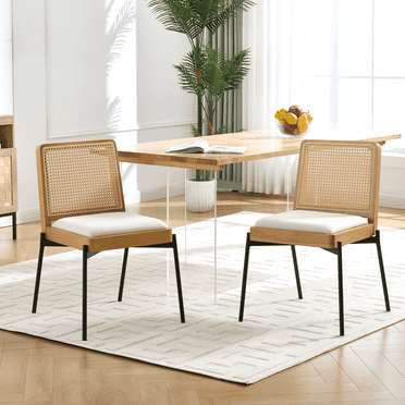 TOSEE Mid-Century Rattan Dining Chairs Set of 2, Beige Linen Cushion Wood Frame Metal Legs