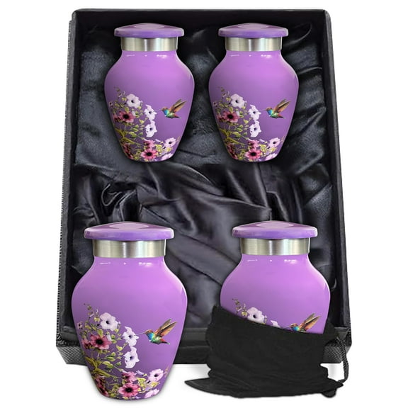 TOSENG Handcrafted Small Urns for Human Ashes Keepsake, Set of 4, Purple Floral & Hummingbird Urn Design - Polished Aluminum Memorial Keepsakes with Secure Screw Lid, Felt Base, & Case - 3x1.75 Inch