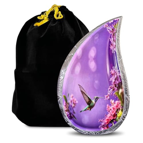 TOSENG Purple Teardrop Urn 12.5 Large Aluminum Memorial Urn with Floral & Hummingbird Design