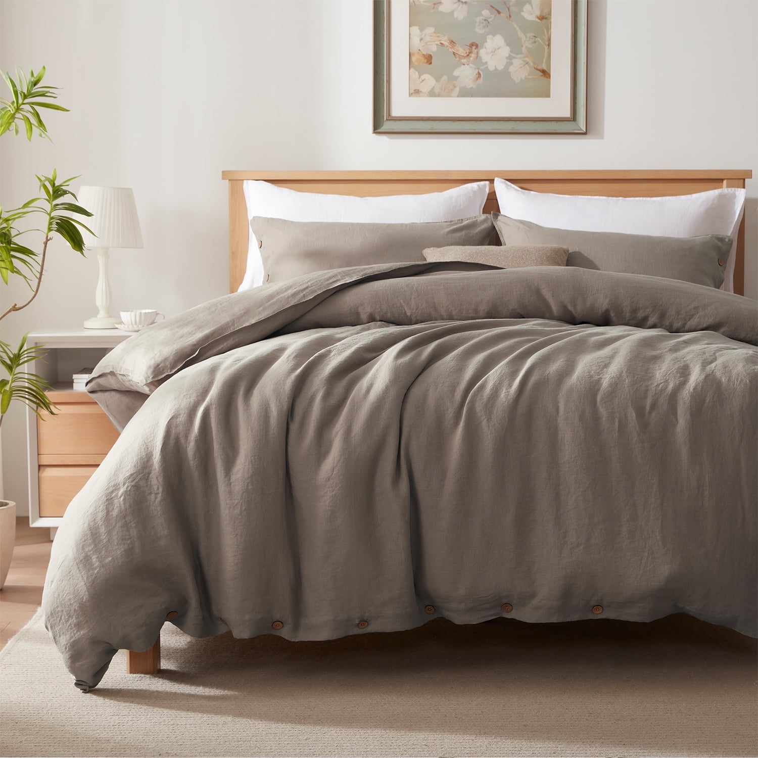 TOSMO 100% Linen Duvet Cover Set with Button Closure, 2 Pieces (1 Duvet Cover with 1 Pillowcases), Soft Breathable Durable Farmhouse Bedding