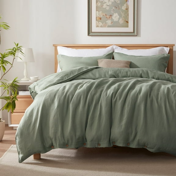 TOSMO 100% Linen Duvet Cover Set with Button Closure, 2 Pieces (1 Duvet Cover with 1 Pillowcases), Soft Breathable Durable Farmhouse Bedding