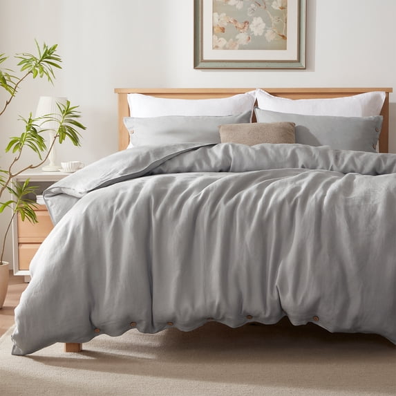 TOSMO 100% Linen Duvet Cover Set with Button Closure, 3 Pieces (1 Duvet Cover with 2 Pillowcases), Soft Breathable Durable Farmhouse Bedding