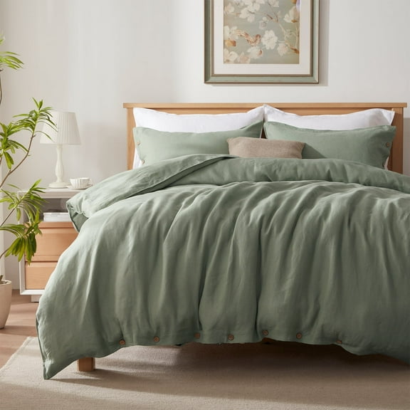 TOSMO 100% Linen Duvet Cover Set with Button Closure, 3 Pieces (1 Duvet Cover with 2 Pillowcases), Soft Breathable Durable Farmhouse Bedding