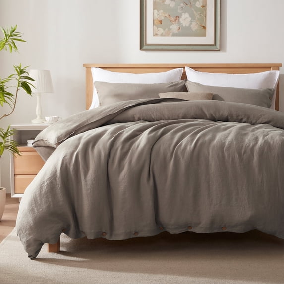 TOSMO 100% Linen Duvet Cover Set with Button Closure, 3 Pieces (1 Duvet Cover with 2 Pillowcases), Soft Breathable Durable Farmhouse Bedding