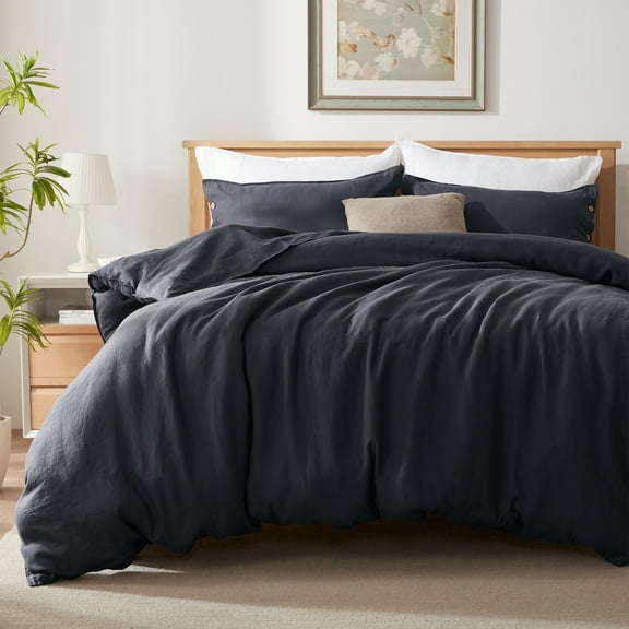 TOSMO 100% Linen Duvet Cover Set with Button Closure, 3 Pieces (1 Duvet Cover with 2 Pillowcases), Soft Breathable Durable Farmhouse Bedding