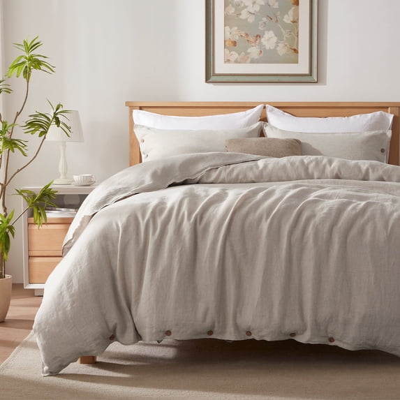 TOSMO 100% Linen Duvet Cover Set with Button Closure, 3 Pieces (1 Duvet Cover with 2 Pillowcases), Soft Breathable Durable Farmhouse Bedding