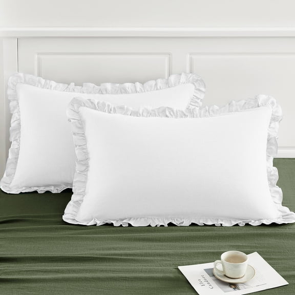 TOSMO 100% Linen Ruffle Pillowcase Euro Size, Linen Pillow Shams Set of 2, Stone-Washed Square Throw Pillow Case Envelope Closure, Soft and Durable Pillow Cases, 26" X 26", White