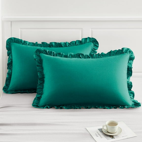 TOSMO 100% Linen Ruffle Pillowcase King Size, Set of 2, Stone-Washed Breathable Pillow Shams Envelope Closure, Soft and Durable Pillow Cases, 20" X 36", Teal