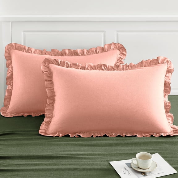 TOSMO 100% Linen Ruffle Pillowcase Queen Size, Set of 2, Stone-Washed Breathable Pillow Shams Envelope Closure, Soft and Durable Pillow Cases, 20" X 30", Rose Pink
