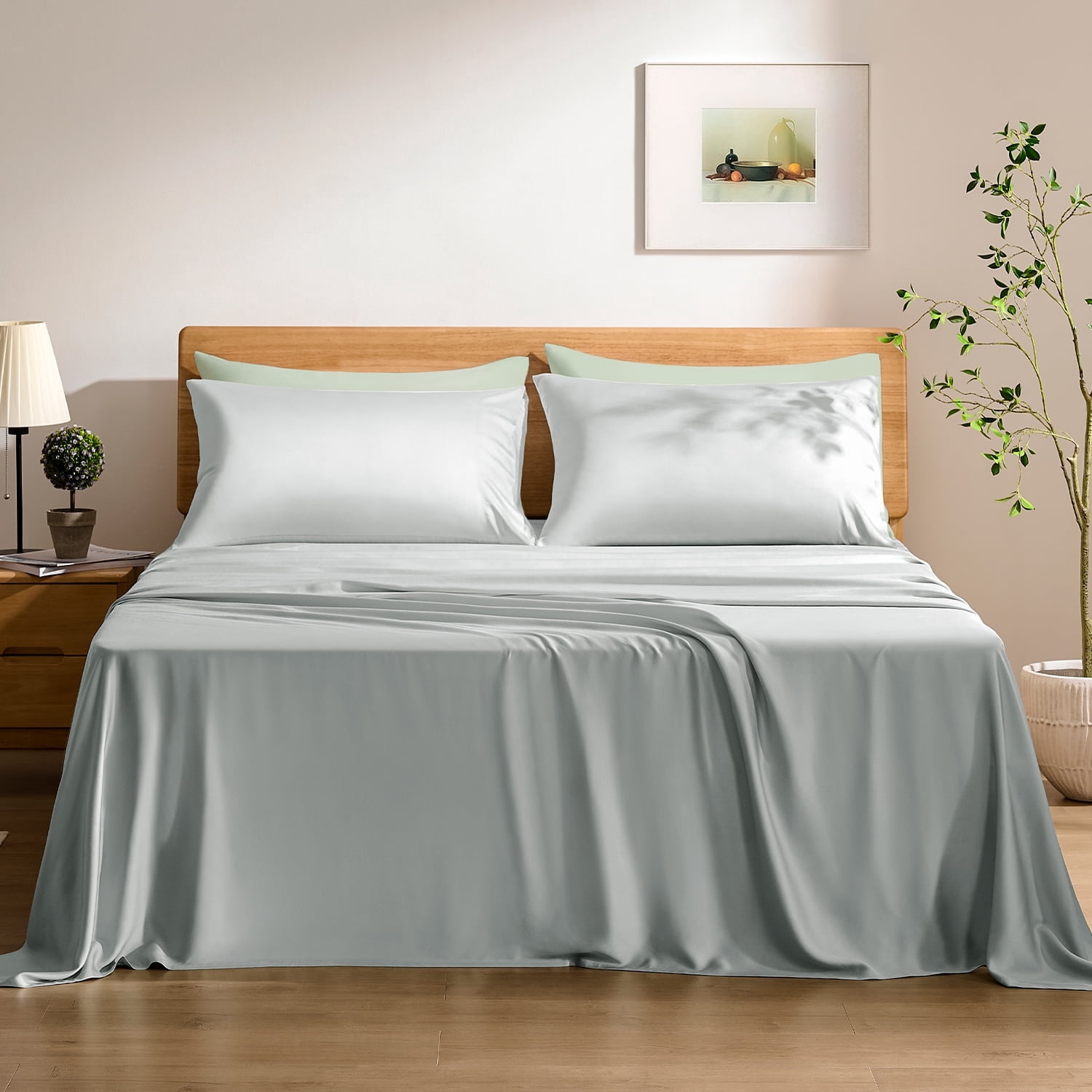 TOSMO Luxury Sheet Set 4 Piece Queen Size - 100% Viscose Derived from Bamboo - 18” Extra Deep Pockets, Oeko-Tex Certified, Silky Soft, Cooling and Breathable