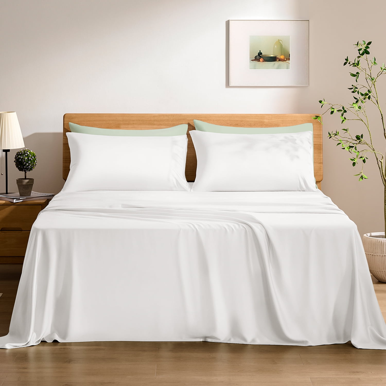 TOSMO Luxury Sheet Set 4 Piece Queen Size - 100% Viscose Derived from Bamboo - 18” Extra Deep Pockets, Oeko-Tex Certified, Silky Soft, Cooling and Breathable