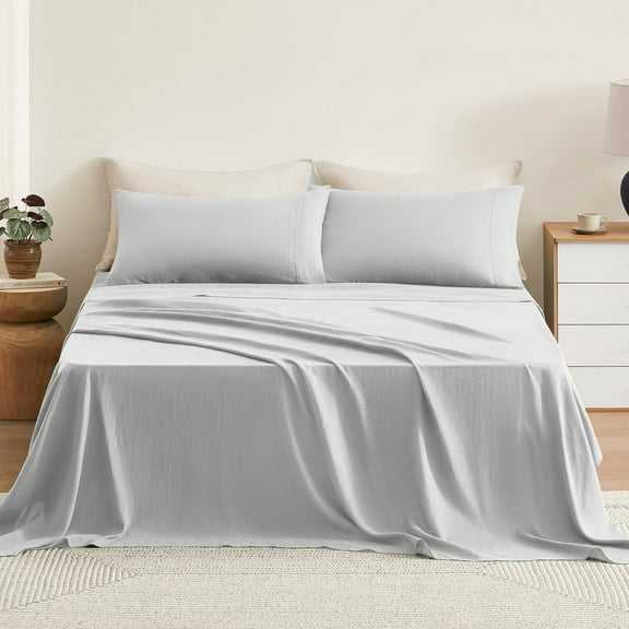 TOSMO Pure Linen Sheets Set, 100% French Natural Linen Flax Bedding 3pc Set (Twin, 1 Flat Sheet, 1 Fitted Sheet, 1 Pillowcase) - Light Grey