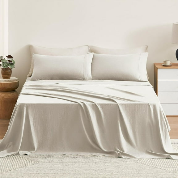 TOSMO Pure Linen Sheets Set, 100% French Natural Linen Flax Bedding 3pc Set (Twin, 1 Flat Sheet, 1 Fitted Sheet, 1 Pillowcase) - Natural Linen