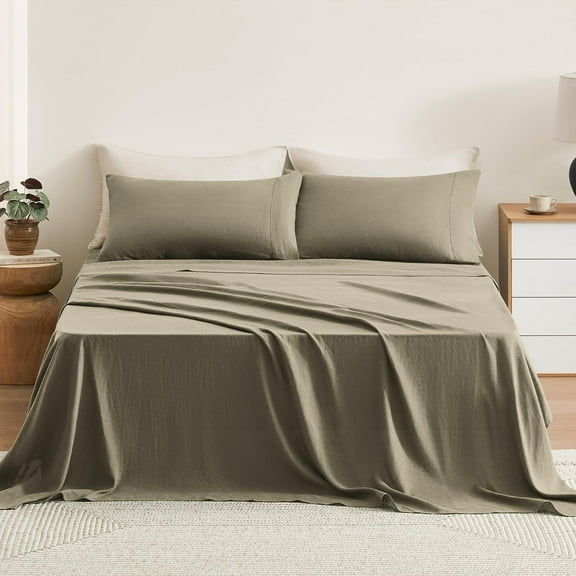 TOSMO Pure Linen Sheets Set, 100% French Natural Linen Flax Bedding 4pc Set (Full, 1 Flat Sheet, 1 Fitted Sheet, 2 Pillowcases) - Taupe