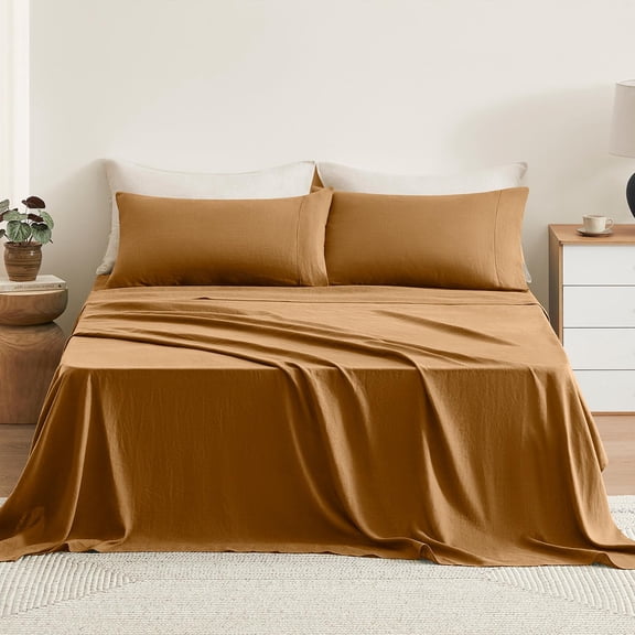 TOSMO Pure Linen Sheets Set, 100% French Natural Linen Flax Bedding 4pc Set (King, 1 Flat Sheet, 1 Fitted Sheet, 2 Pillowcases) - Butternut